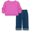 French Terry Knit Bow Top & Knit Denim Jeans 2-Piece Set, Pink - Mixed Apparel Set - 2