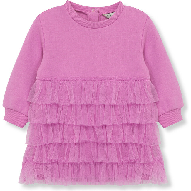 Baby Mesh Ruffle Trim Fleece Tiered Sweatshirt Dress, Purple