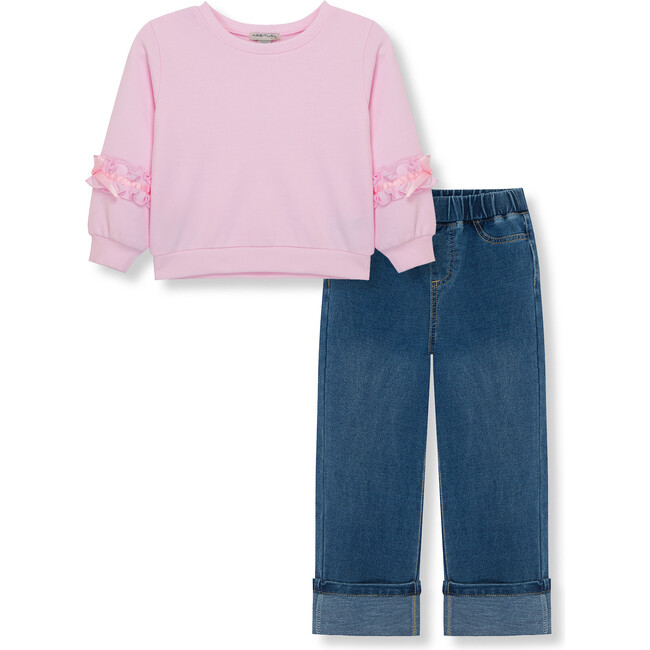 Bow Trim Sweatshirt & Knit Cuffed Leg Denim Jeans 2-Piece Set, Pink