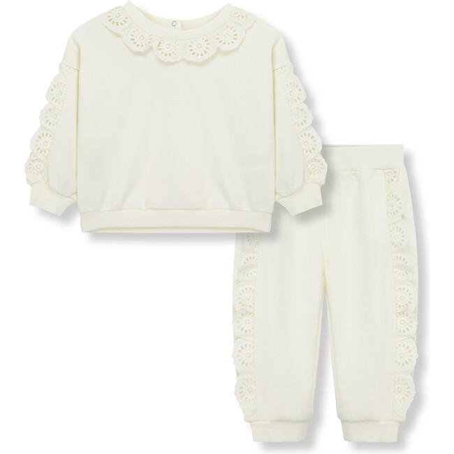 Baby Eyelet Trim Sweatshirt & Jogger Pant 2-Piece Set, Off-White