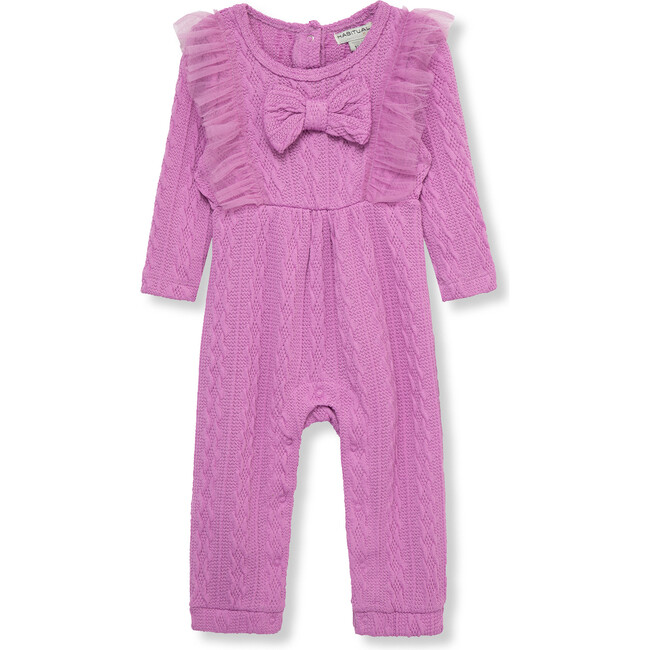 Baby Double Knit Mesh Trim Bow Front Coverall, Purple