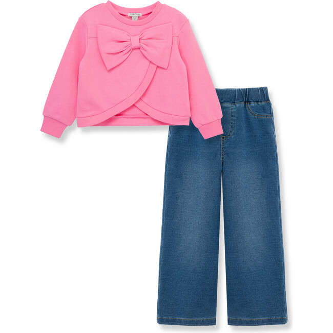 Baby Bow Trim Sweatshirt & Knit Denim Jeans Set, Pink