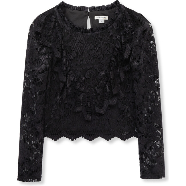 All-Over Lace Ruffle Front Top, Black