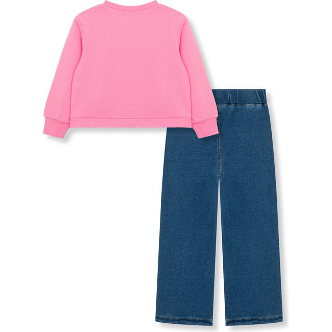 Baby Bow Trim Sweatshirt & Knit Denim Jeans Set, Pink - Mixed Apparel Set - 2