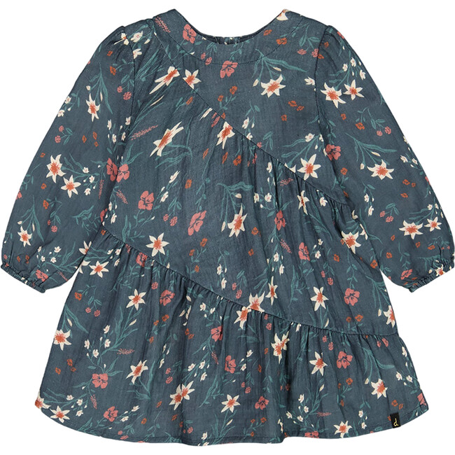 Flowers Print Muslin Long Sleeve Dress, Teal