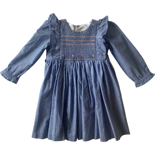 Chambray Hearts Long Sleeve Ruffle Dress, Blue & Pink