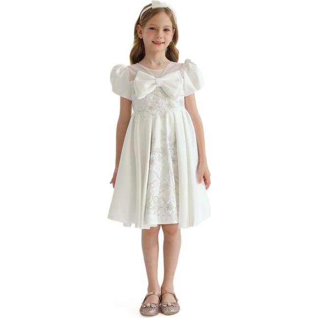 Leona Floral Teacup Bow Dress, Ivory