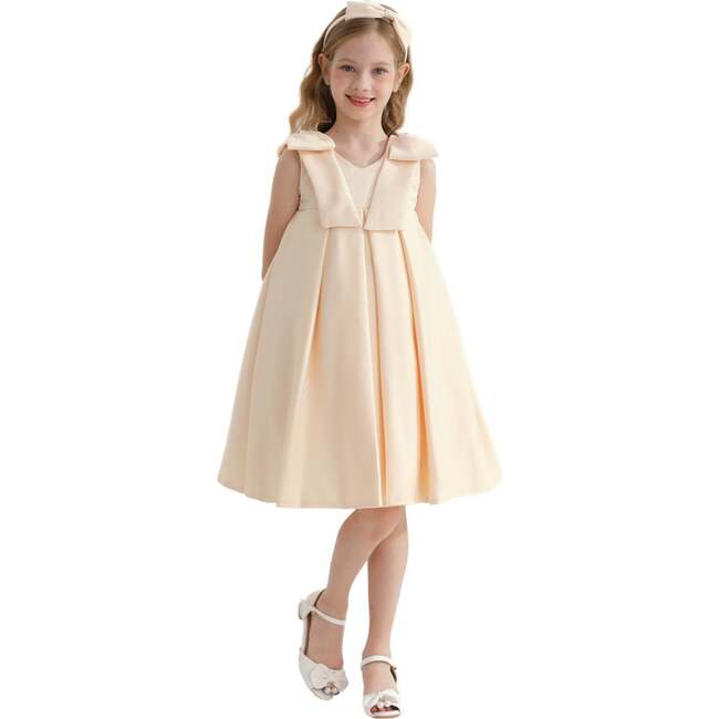 Champagne Palermo Satin Bow Pleated Dress, Gold - Dresses - 2