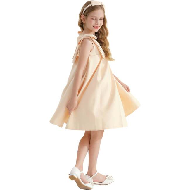 Champagne Palermo Satin Bow Pleated Dress, Gold - Dresses - 3