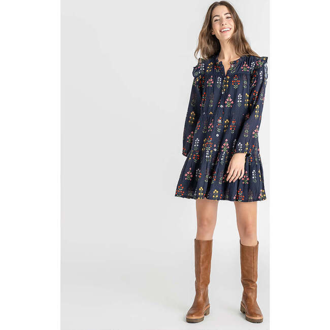 Women's Kalani Ruffle Long Sleeve Tiered Dress, Navy Field Floral