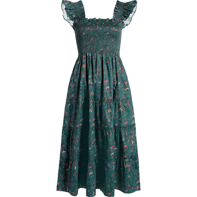 The Women's Ellie Ruffle Shoulder Smocked Tired Nap Dress, Fleur Chintz Bottle Green - Dresses - 1