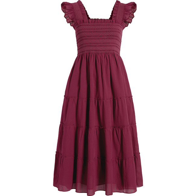 The Women's Ellie Ruffle Shoulder Smocked Tired Nap Dress, Burgundy Shadow Stripe