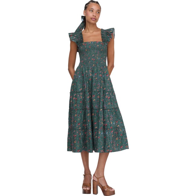 The Women's Ellie Ruffle Shoulder Smocked Tired Nap Dress, Fleur Chintz Bottle Green - Dresses - 2