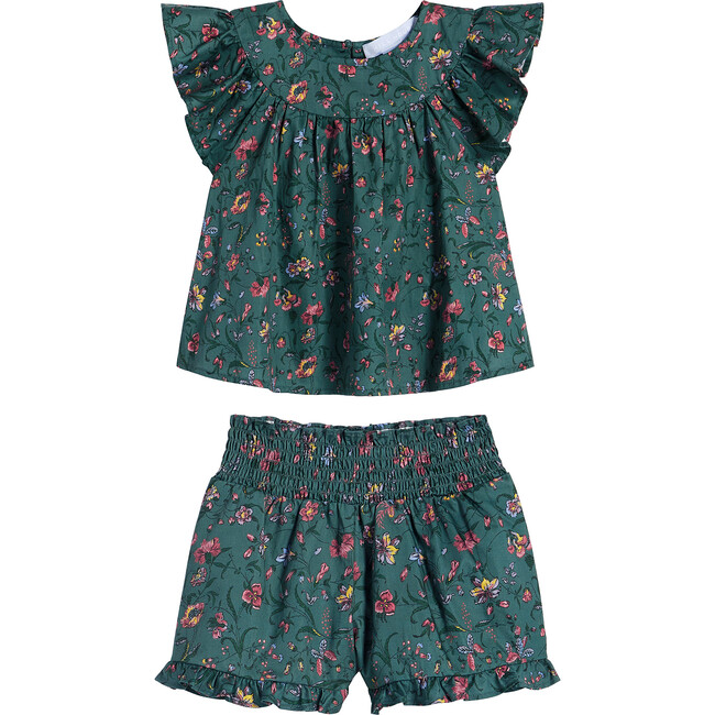 The Tiny Heidi Ruffle Sleeve Top & Smocked Waist Shorts Set, Fleur Chintz Bottle Green