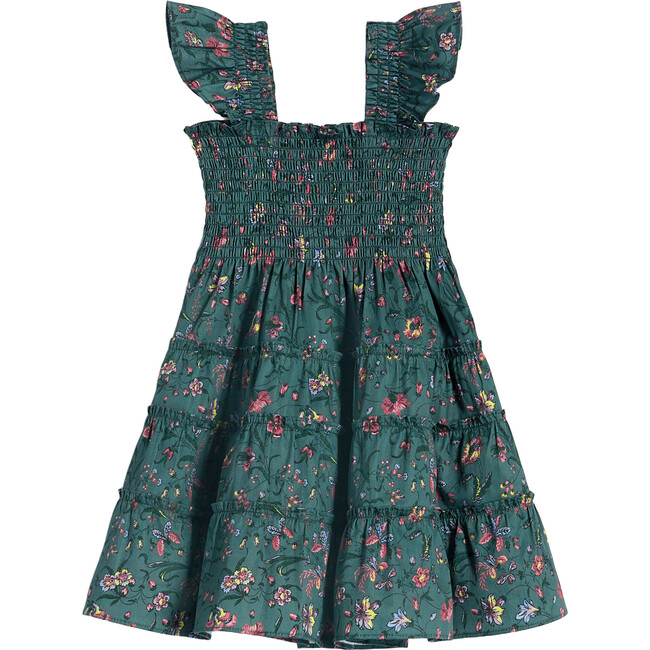 The Tiny Ellie Ruffle Shoulder Smocked Tiered Nap Dress, Fleur Chintz Bottle Green - Dresses - 1