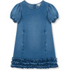 Puff Sleeve Drop Waist Knit Ruched Denim Dress, Indigo - Dresses - 1 - thumbnail