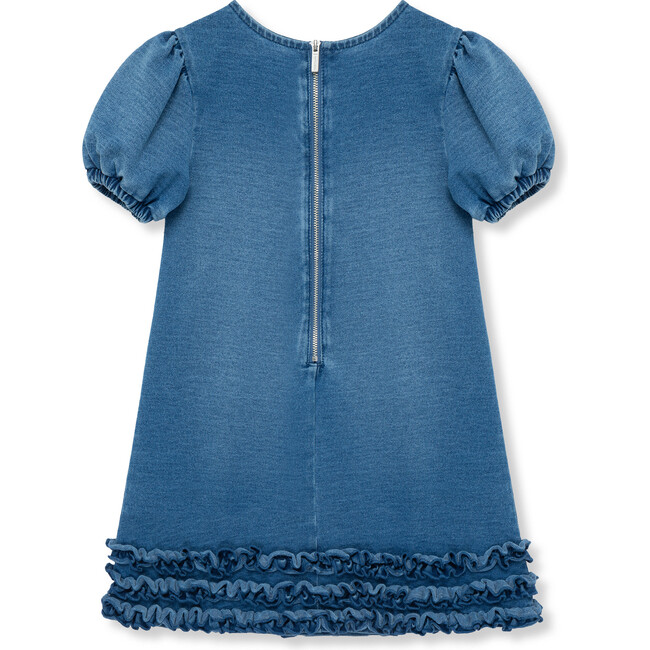 Puff Sleeve Drop Waist Knit Ruched Denim Dress, Indigo - Dresses - 2