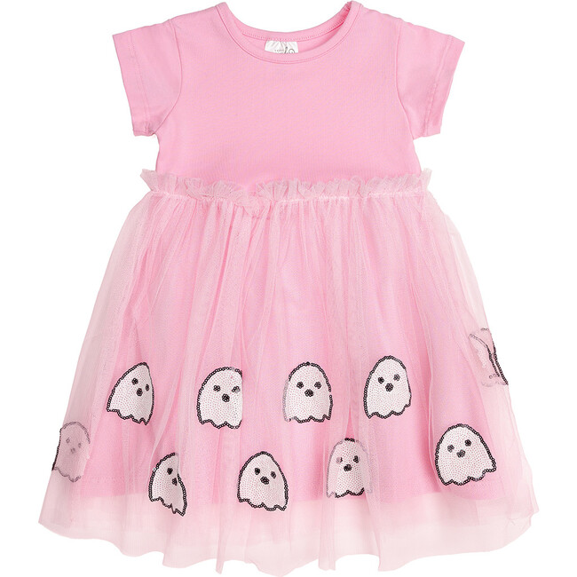 Ghost Sequin Halloween Short Sleeve Tutu Dress, Pink