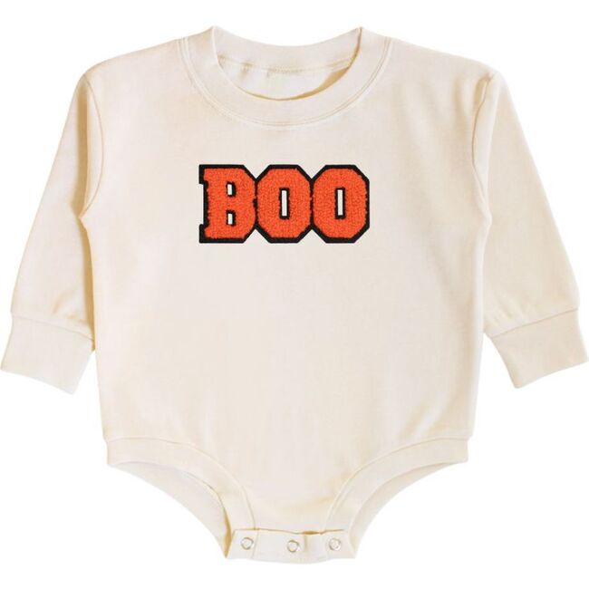 Boo Patch Halloween Long Sleeve Romper, Natural