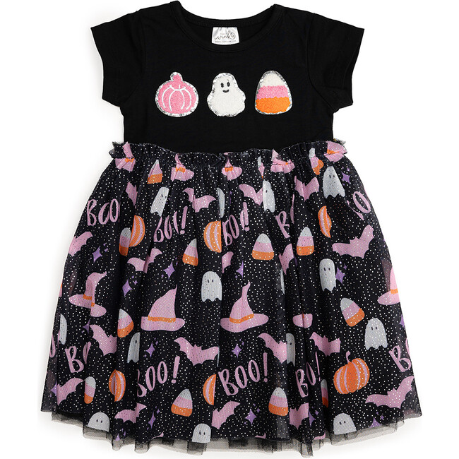 Boo Halloween Short Sleeve Tutu Dress, Black