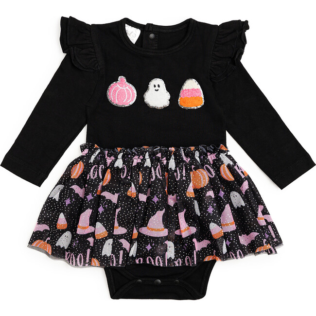 Boo Halloween Long Sleeve Tutu Bodysuit, Black