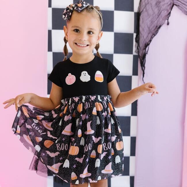 Boo Halloween Short Sleeve Tutu Dress, Black - Dresses - 2