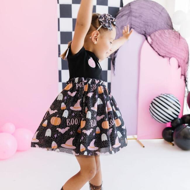 Boo Halloween Short Sleeve Tutu Dress, Black - Dresses - 3