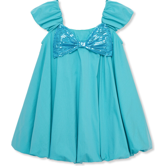 Sequin Bow Ruched Sleeve Bubble Dress, Teal