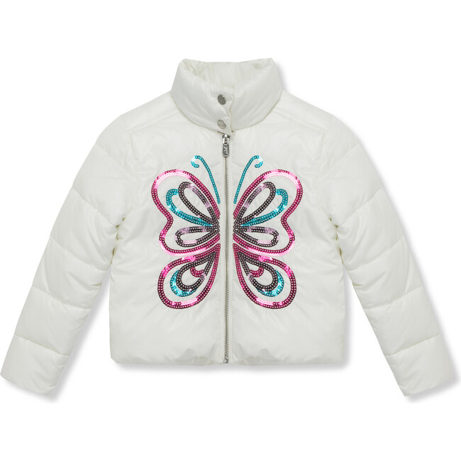 Sequin Butterfly High Collar Zip-Up Puffer Jacket, White