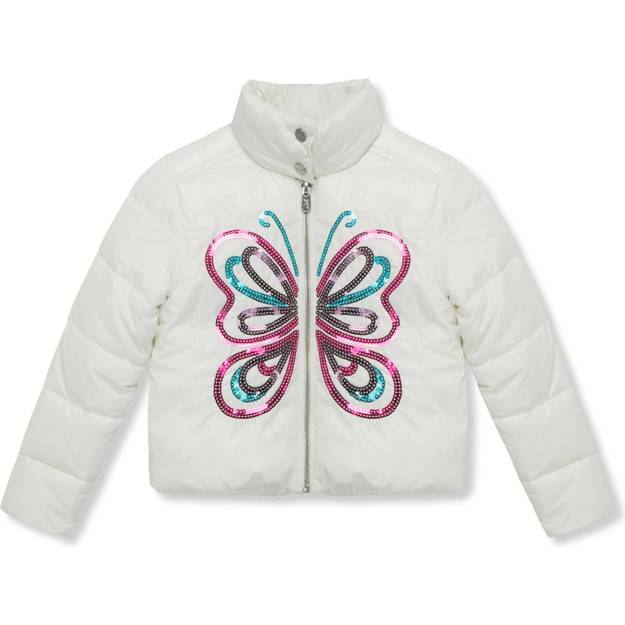 Sequin Butterfly High Collar Zip-Up Puffer Jacket, White - Jackets - 1