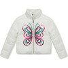 Sequin Butterfly High Collar Zip-Up Puffer Jacket, White - Jackets - 1 - thumbnail