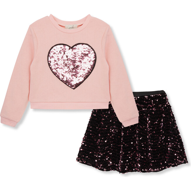 Sequin Heart Knit Top & Pull-On Skirt Set, Pink