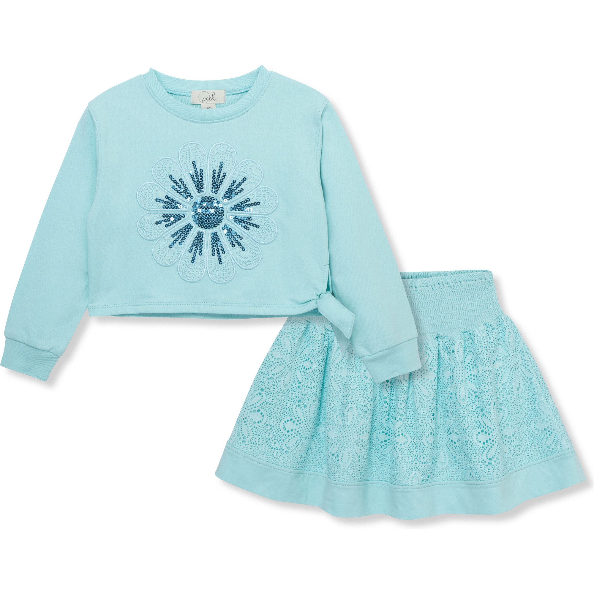 Sequin Floral Appique Side-Tie Top & Lace Skirt Set, Blue - Mixed Apparel Set - 1
