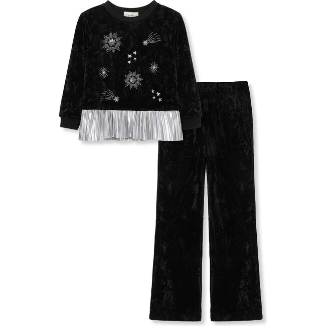 Sequin Starry Night Velour Top & Pleated Peplum Set, Black