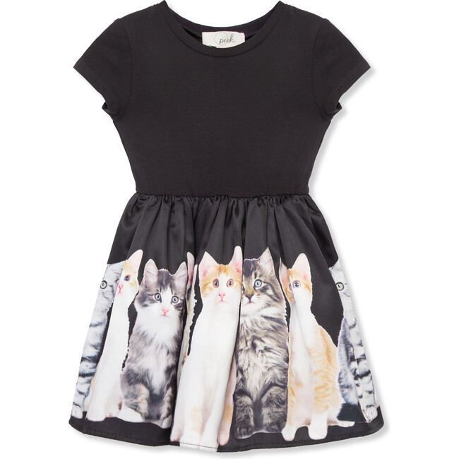 Purrfect Kittens Print Fit-N-Flare Skirt Dress, Black