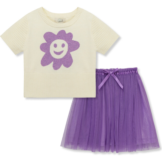 Happy Flower Knit Sweater & Tutu Skirt Set, Purple