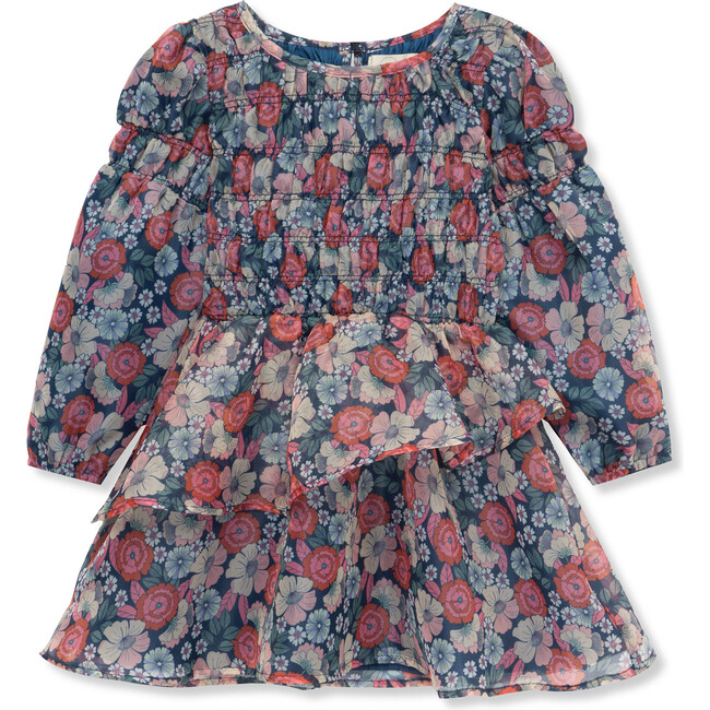 Floral Print Chiffon Ruffle Smocked Dress, Multicolors