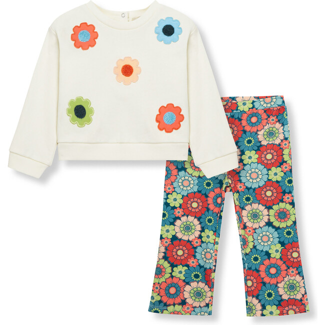 Floral Applique Sweatshirt & Ribbed Knit Legging Set, Off-White