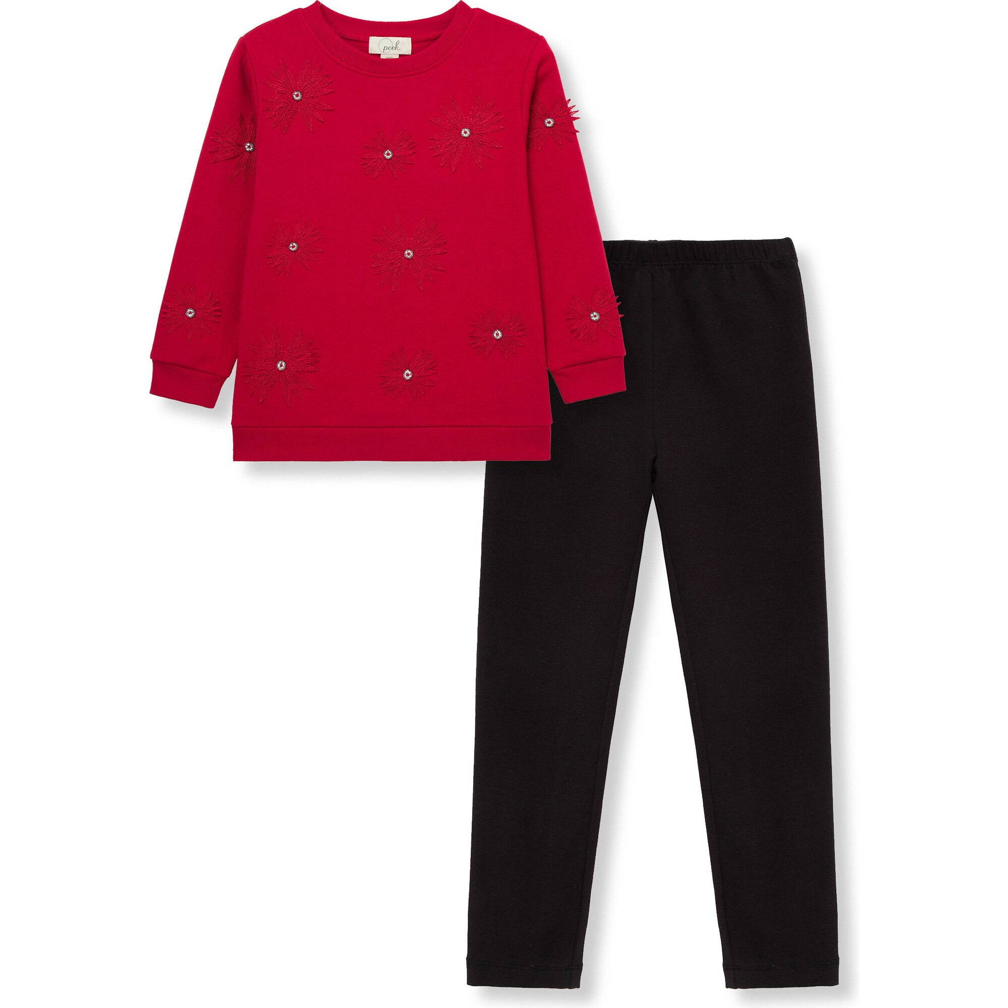 Floral Applique Lace Knit Top & Knit Legging Set, Red - Mixed Apparel Set - 1