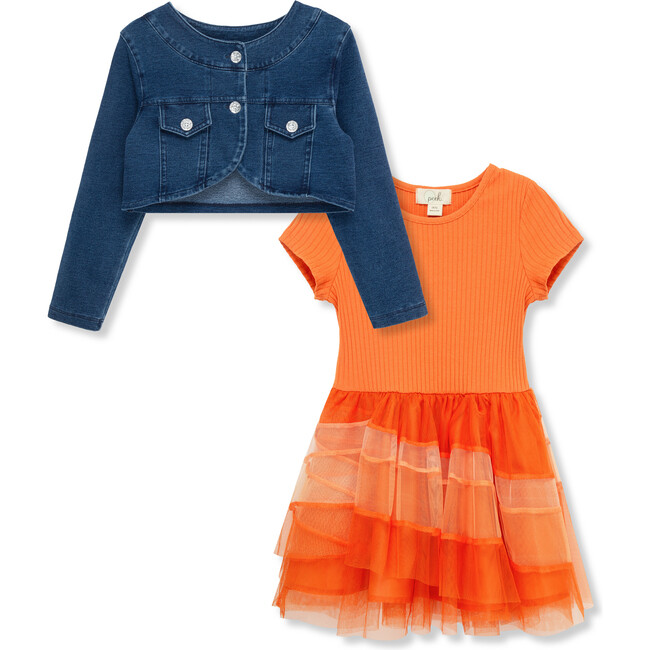 Denim Bolero Knit Jacket Combo Dress Set, Orange