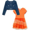 Denim Bolero Knit Jacket Combo Dress Set, Orange - Dresses - 1 - thumbnail