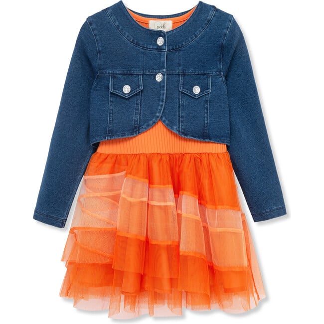 Denim Bolero Knit Jacket Combo Dress Set, Orange - Dresses - 2