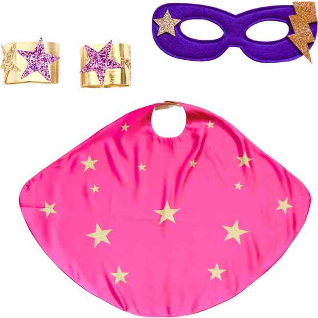 Superhero Star Cape + Mask + Cuffs Set, Pink