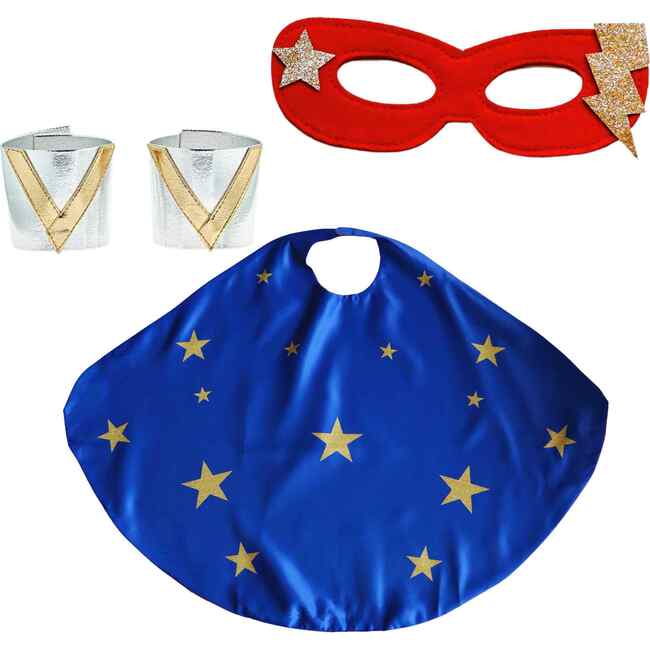 Superhero Star Cape + Mask + Cuffs Set, Blue