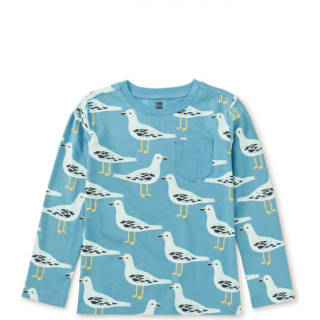 Long Sleeve Printed Pocket Tee, Squabble of Seagulls