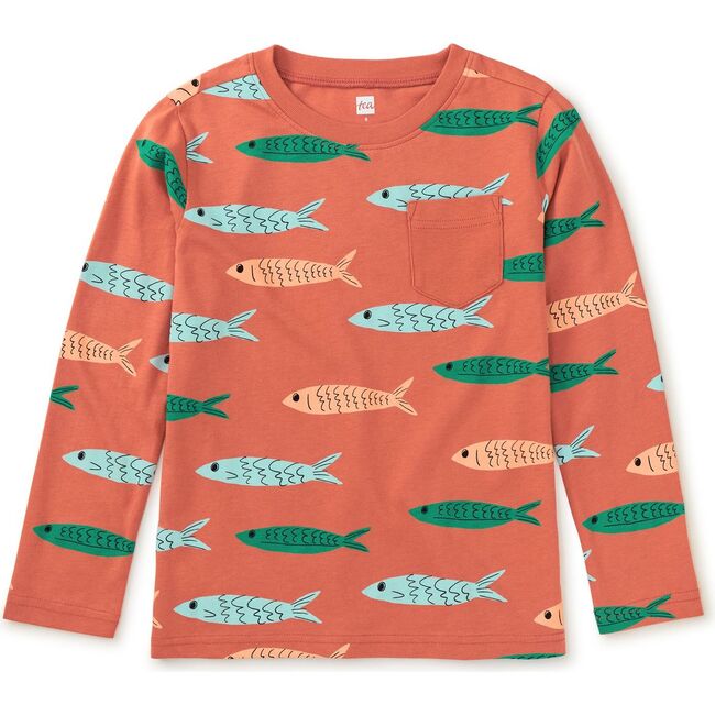 Long Sleeve Printed Pocket Tee, School of Anchovies