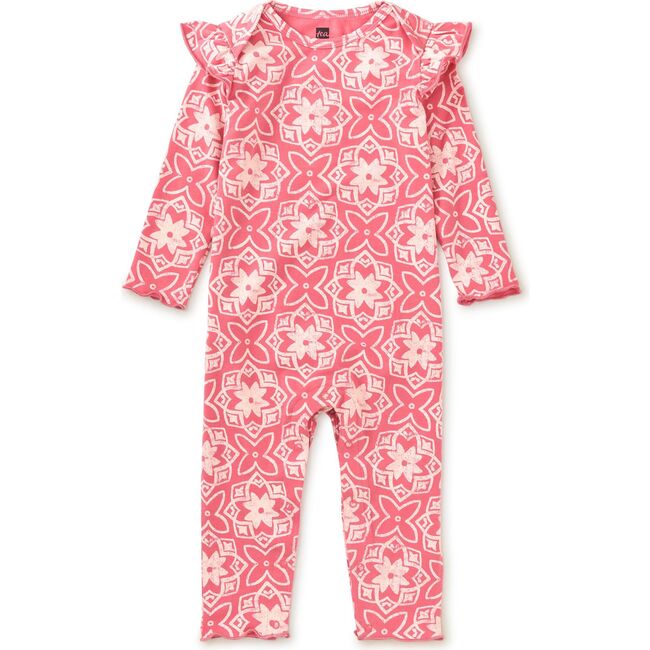 Ruffle Shoulder Baby Romper, Geometric Floral Tile