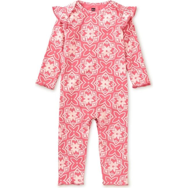 Ruffle Shoulder Baby Romper, Geometric Floral Tile - Rompers - 2