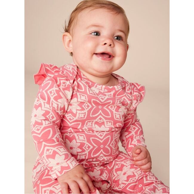 Ruffle Shoulder Baby Romper, Geometric Floral Tile - Rompers - 4