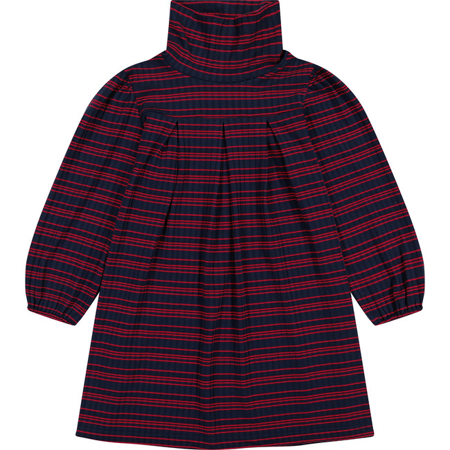 Suzy Striped Box Pleat Pull Over Turtleneck Dress, Navy & Red